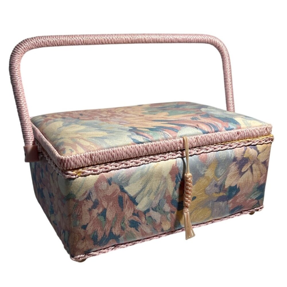 Vintage Floral Sewing Box Wicker Handle w/ Accessories Pastel Pink 11 x 7.25"